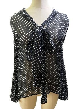 Zara Black Sheer Polka Dot Tie-Neck Sleeveless Blouse